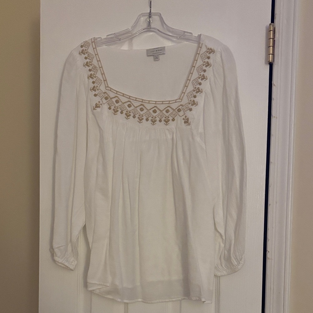 Lucky Brand White Blouse with Tan Embroidery
